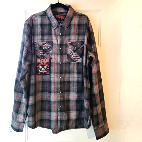 New DIXXON Barrett-Jackson Men's Black, Red and Gray Plaid Button Down Sz XLT - Picture 2 of 9